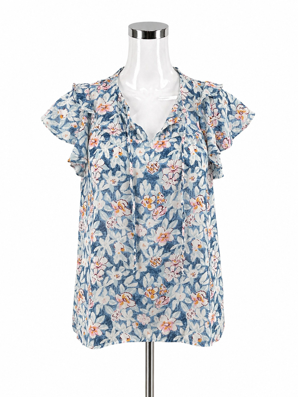 Melloday Floral Ruffle V-Neck Blouse Size Medium Blue White